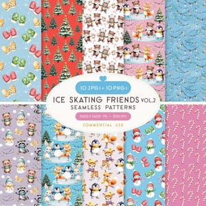 Könnte beinhalten: Eine digitale Sammlung nahtloser Muster mit dem Titel Ice Skating Friends Vol. 2, bestehend aus zehn JPG- und zehn PNG-Dateien. Die Designs zeigen Illustrationen von Bären, Füchsen, Pinguinen, Schneemännern, Fäustlingen, Weihnachtsbäumen und Zuckerstangen.