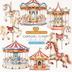 Peut inclure: Une collection numérique d'illustrations à l'aquarelle de carrousels avec des manèges aux accents rouges, bleus et dorés, et plusieurs chevaux de manège individuels avec des selles ornées, avec le texte 10 PNG TRANSPARENT 300 DPI.