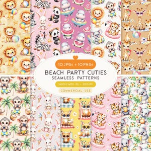 Puede incluir: Una colección de patrones sin costuras con adorables animales de dibujos animados disfrutando de una fiesta en la playa. Leones, monos, hipopótamos y otros animales se representan con pelotas de playa, gafas de sol y rodajas de sandía. Los patrones son de varios colores, incluyendo rosa, amarillo y beige. El texto "BEACH PARTY CUTIES SEAMLESS PATTERNS" también es visible.