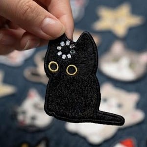 Loading Cat Embroidered Patch, Black Cat Iron On Badge, Funny Animal Art