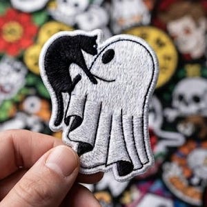 Ghost and Black Cat Embroidered Patch, Cute Spooky Iron On Patch, Witchy DIY Craft Badge
