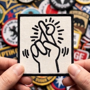 May include: A square patch with a black outline and a black and white graphic of a hand with crossed fingers. The patch is held in front of a collection of various round and square patches with different designs and colors.