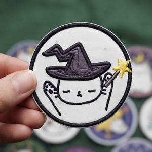 Wizard Cat Embroidered Patch, Magical Cat Iron On Badge, Spooky Whimsigothic Jacket Accessory