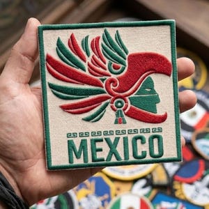 Mexico Aztec Eagle Warrior Embroidered Patch, Large Square Iron On Patch