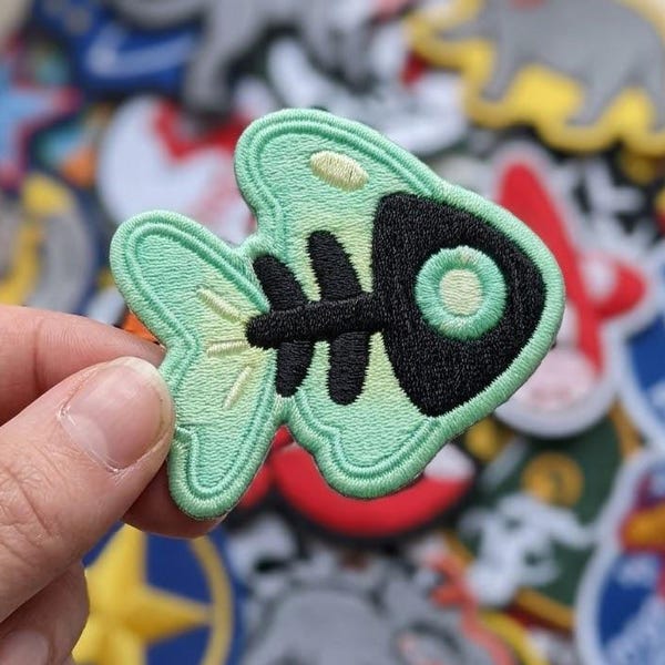 Fish Bone Embroidered Patch, Y2K Goth Mint Green Sew On Badge