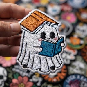 Reading Ghost Embroidered Patch, Spooky Cute Bookworm Iron On Badge