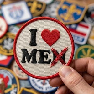 May include: A round embroidered patch with a red border and the text "I ❤️ MEX" in black. The heart is red, and the "MEX" is crossed out with red thread. The patch is held in a hand, with other patches in the background.