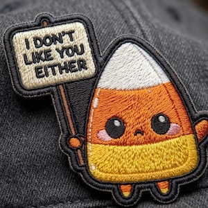 May include: An embroidered patch featuring a cartoon candy corn character with a sad expression, holding a rectangular sign that reads I DON'T LIKE YOU EITHER. The patch has a black border and is attached to a dark gray textured fabric surface.