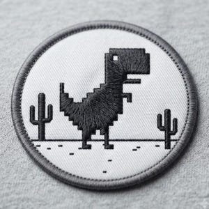 Pixel Dinosaur Embroidered Patch, Offline Game Iron On Badge, Geeky Gamer Jacket Accessory