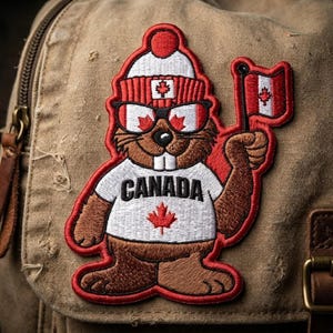 May include: An embroidered patch featuring a brown beaver wearing a white and red knit hat with a maple leaf, glasses with maple leaf reflections, and a white t-shirt with the text CANADA and a red maple leaf, holding a small Canadian flag.