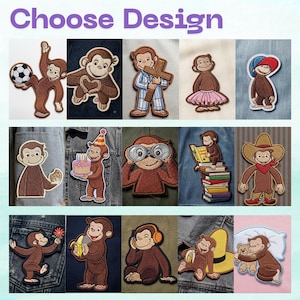 May include: A collection of fifteen embroidered patches featuring the character Curious George in various activities, including playing soccer, wearing a tutu, holding a birthday cake, reading on a stack of books, and wearing a cowboy hat.