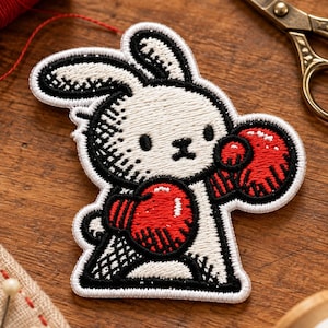 May include: An embroidered patch featuring a white rabbit character with black outlines, wearing bright red boxing gloves. The design includes detailed black cross-hatching on the rabbit's body and ears, finished with a thick white border edge.