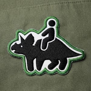 Dinosaur Riding Patch, Triceratops Iron On Patch, Embroidered Stick Figure Badge
