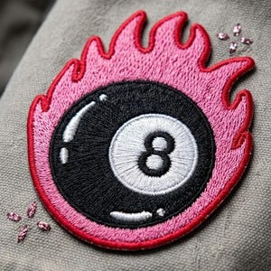 Flaming 8 Ball Patch, Pink Fire Iron-On Billiards Embroidered Badge