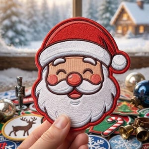 May include: A circular embroidered patch featuring the face of Santa Claus with a red hat, white beard, and mustache. The design includes a tan face, rosy cheeks, and a red nose. The embroidery uses dense thread work to create a detailed, colorful character portrait with a cheerful expression and a thick red border.