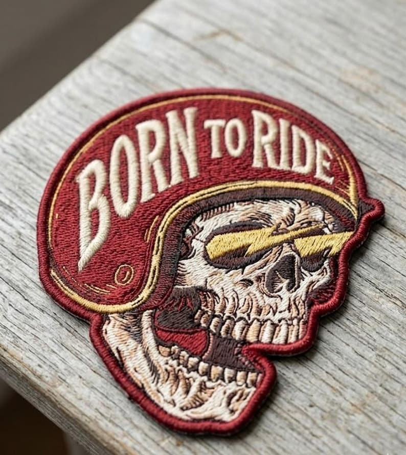 Born To Ride Embroidered Patch, Retro Biker Skull Iron On Patch image 1
