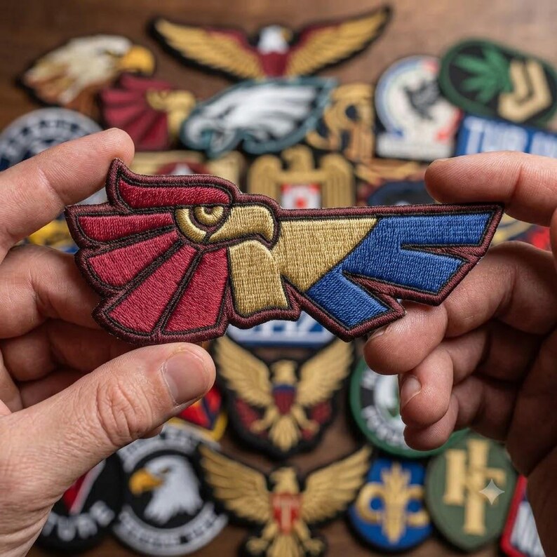 May include: An embroidered patch featuring a stylised eagle head profile in maroon, gold, and blue. The design includes a maroon crest, a gold eye and beak area, and a blue wing-like extension, all outlined with a dark maroon border.