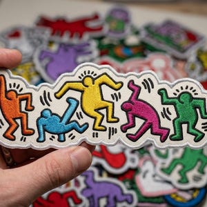 Pop Art Dancing Figures Embroidered Patch, Colorful 80s Inspired Iron On Badge