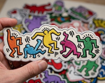 Pop Art Dancing Figures Embroidered Patch, Colorful 80s Inspired Iron On Badge
