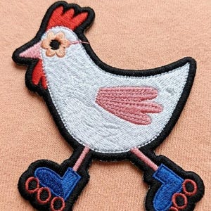 Roller Skating Chicken Patch, Embroidered Iron On Badge, Funny Animal Applique