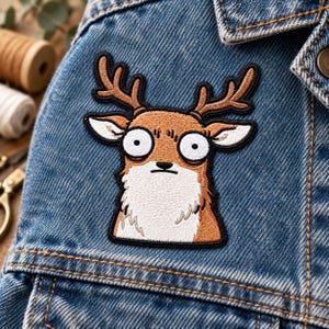 Funny Deer Embroidered Patch, Goofy Buck Iron On Patch, Woodland Animal Patch