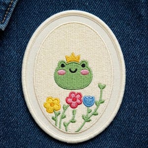 May include: An embroidered patch featuring a green frog wearing a gold crown, surrounded by colorful flowers. The patch has an oval shape with a cream-colored background and a white border. The patch is on a blue denim background.