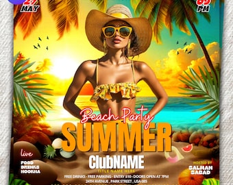Summer Beach Party Flyer Template | Tropical DJ Club Event Poster (Digital Download)