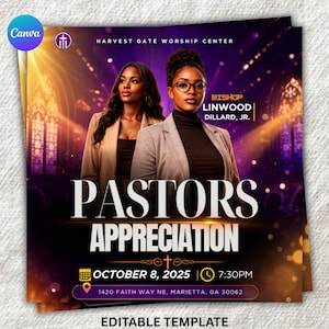Op de afbeelding: Een digitale flyer voor een Pastors Appreciation evenement in het Harvest Gate Worship Center met twee personen in professionele kleding. De tekst bevat Bishop Linwood Dillard, Jr., 8 oktober 2025, 19:30 uur en 1420 Faith Way NE, Marietta, GA 30062.