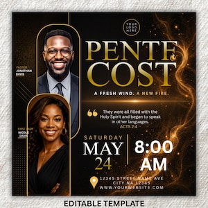 May include: Black and gold event flyer with the text "PENTECOST" in large gold letters. Includes portraits of two people, event details, and the phrase "A FRESH WIND. A NEW FIRE."