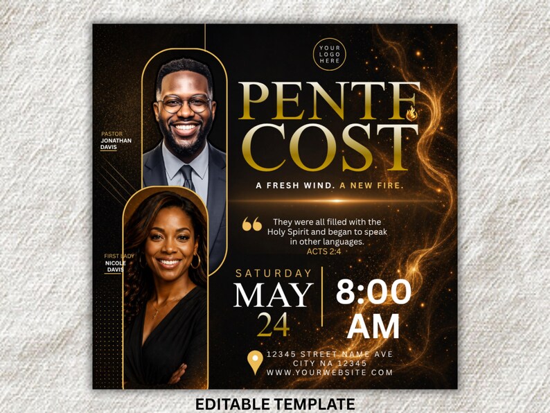 May include: Black and gold event flyer with the text "PENTECOST" in large gold letters. Includes portraits of two people, event details, and the phrase "A FRESH WIND. A NEW FIRE."