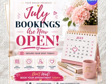July Booking Flyer Canva Template | Beauty Salon Appointment Poster (Digital Download)