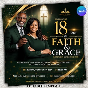 May include: A flyer celebrating 18 years of faith and grace, featuring a couple in formal attire. The design is dark green with gold accents and includes the text "Faith & Grace" and event details. The Canva logo is visible.
