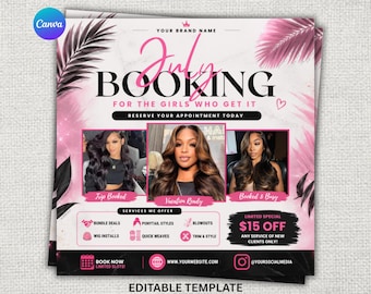 July Booking Flyer Template | Hairstylist, Wig Install, Lash Promo (Instant Download)