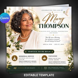 Può includere: Un modello di programma per servizio commemorativo funebre con il ritratto di una donna, fiori bianchi e una colomba. Il testo include CELEBRATING THE LIFE OF Mary THOMPSON, A BELOVED WIFE, MOTHER, GRANDMOTHER AND FRIEND, date e dettagli.
