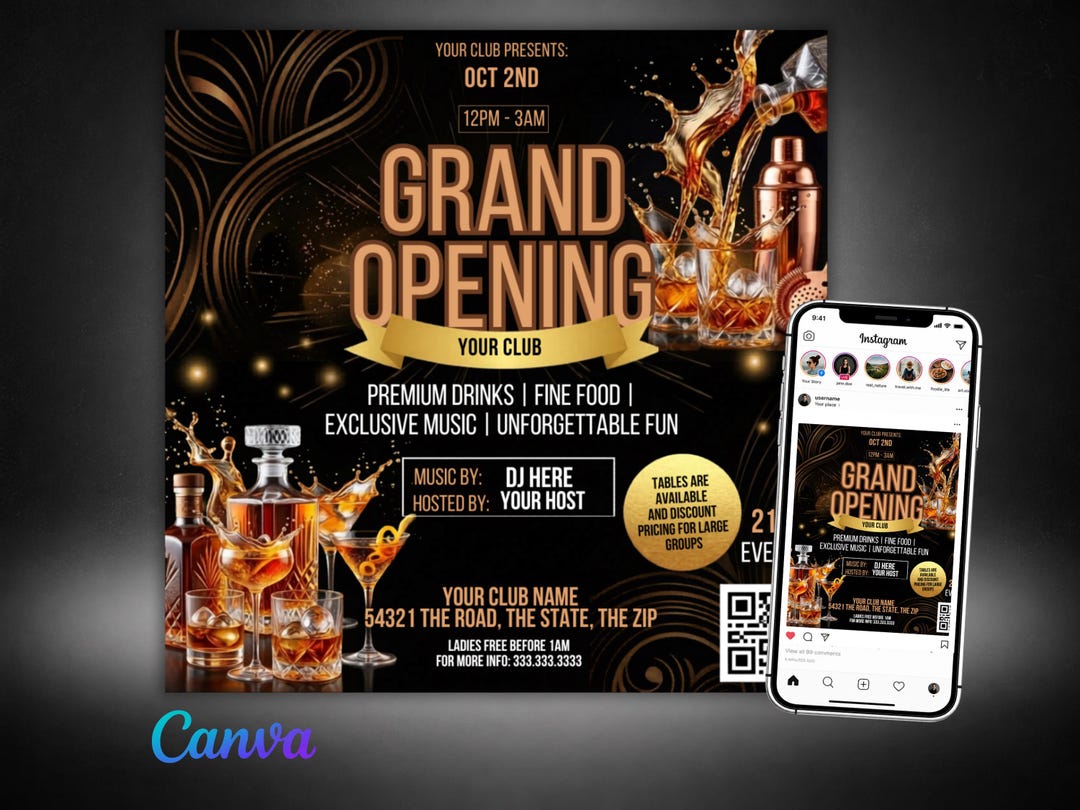 Club Grand Opening Flyer Template Black Gold Nightlife Event