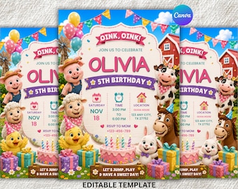 Farm Animal Birthday Invitation Canva Template | Barnyard Birthday Party Invite | Pink Farm Animals Birthday Flyer