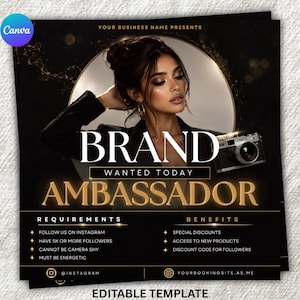 May include: A black and gold promotional flyer template featuring a person holding a camera. The text reads: BRAND AMBASSADOR WANTED TODAY, REQUIREMENTS, FOLLOW US ON INSTAGRAM, HAVE 5K OR MORE FOLLOWERS, CANNOT BE CAMERA SHY, MUST BE ENERGETIC, BENEFITS, SPECIAL DISCOUNTS, ACCESS TO NEW PRODUCTS, DISCOUNT CODE FOR FOLLOWERS.