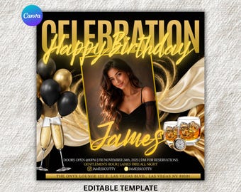 Black Gold Birthday Flyer Template | Elegant VIP Club Party Invitation (Digital Download)