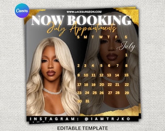July Booking Flyer Canva Template | Luxury Hair Salon, Wig Install Promo (Digital Download)