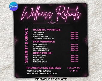 Pink Neon Spa Price List | Wellness Service Menu Template (Digital Download)