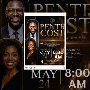 May include: A black and gold promotional poster featuring portraits of Pastor Jonathan Davis and First Lady Nicole Davis. The central image advertises a Pentecost event, with the text "Pentecost: A Fresh Wind, A New Fire."