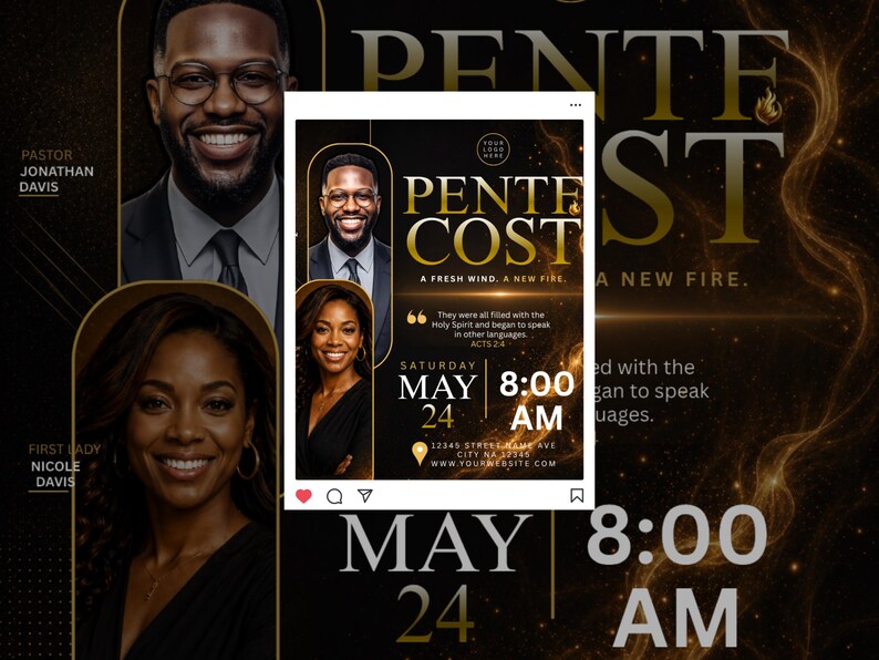 May include: A black and gold promotional poster featuring portraits of Pastor Jonathan Davis and First Lady Nicole Davis. The central image advertises a Pentecost event, with the text "Pentecost: A Fresh Wind, A New Fire."
