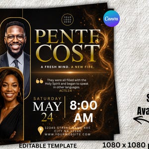 May include: A black and gold flyer with the text "Pentecost" and the phrase "A Fresh Wind. A New Fire." Features portraits of two people and event details: Saturday, May 24, 8:00 AM. Includes website and address.