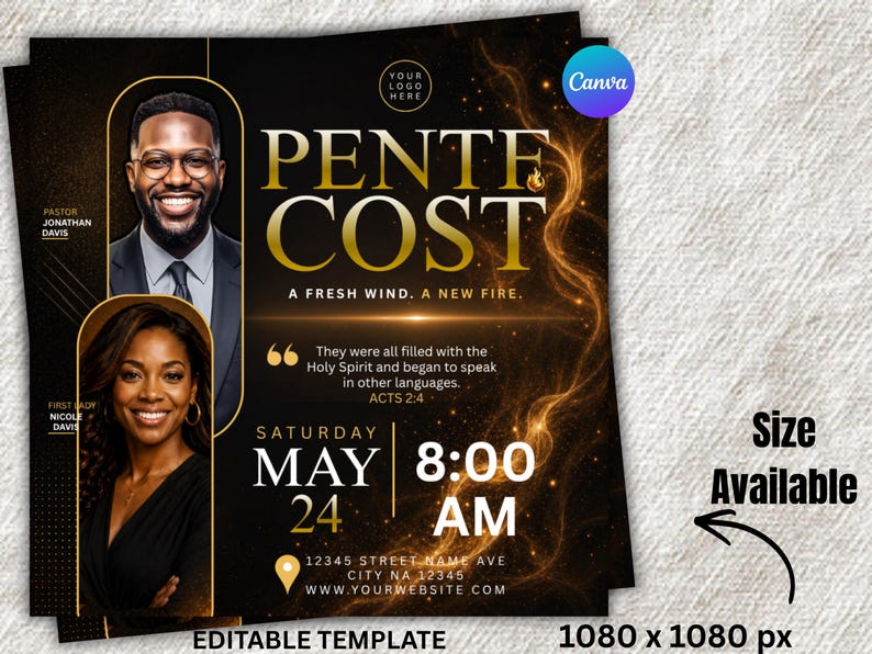 May include: A black and gold flyer with the text "Pentecost" and the phrase "A Fresh Wind. A New Fire." Features portraits of two people and event details: Saturday, May 24, 8:00 AM. Includes website and address.