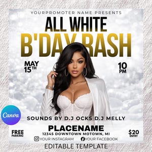 All White Birthday Party Flyer Template | Elegant Gold Invitation (Digital Download)