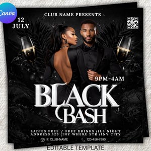 Pode incluir: Flyer de evento em preto e branco para uma festa "Black Bash". Apresenta um casal em trajes formais, taças de champanhe e folhas de palmeira. O flyer inclui a data, hora e detalhes do clube. O logotipo da Canva é visível.