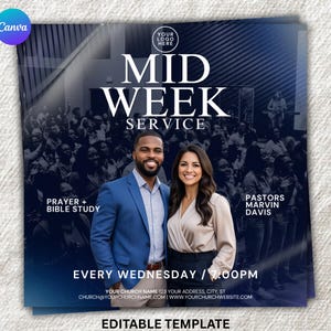 Może przedstawiać: Kwadratowy szablon cyfrowej ulotki z ciemnoniebieskim gradientem w tle i tłumem ludzi. Tekst zawiera MID WEEK SERVICE, PRAYER + BIBLE STUDY, PASTORS MARVIN DAVIS, EVERY WEDNESDAY 7:00PM oraz miejsca na nazwę kościoła i adres strony internetowej.