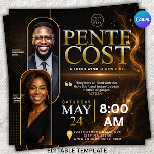 May include: A black and gold event flyer with the word "PENTECOST" in gold lettering. The flyer features images of a man and woman, along with the date, time, and location. The phrase "A FRESH WIND. A NEW FIRE." is also included.