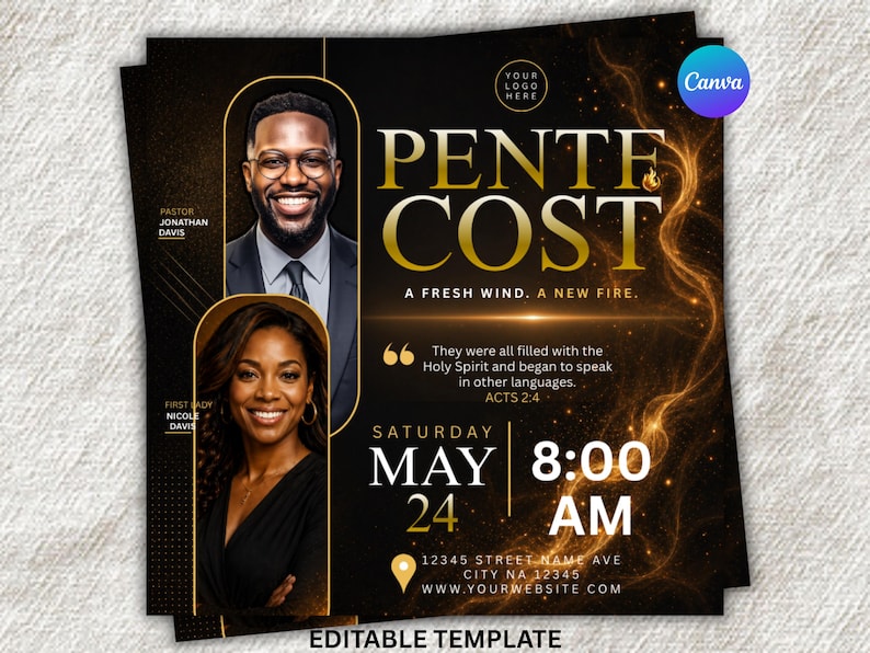 May include: A black and gold event flyer with the word "PENTECOST" in gold lettering. The flyer features images of a man and woman, along with the date, time, and location. The phrase "A FRESH WIND. A NEW FIRE." is also included.
