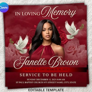 Könnte beinhalten: Eine Trauerkarte mit burgunderrotem Hintergrund, die ein Frauenporträt, Tauben und Rosen zeigt. Der Text lautet "In Loving Memory" und "Janelle Brown" mit Daten und Service-Details. Die Worte "Editable Template" stehen unten.